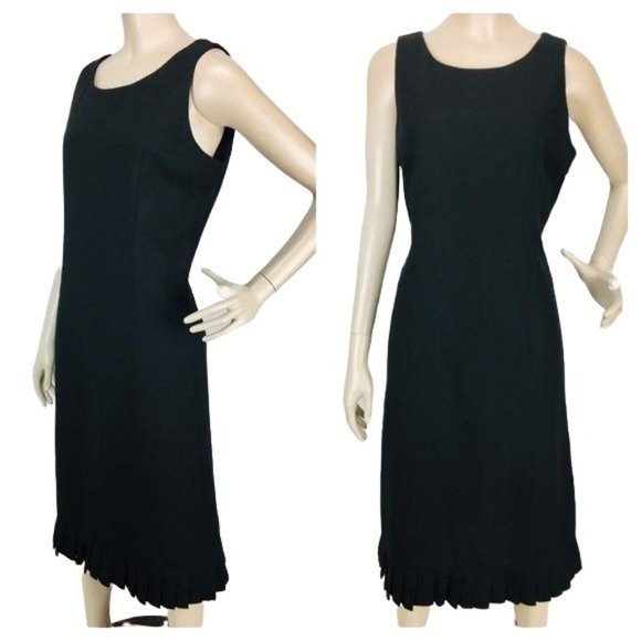 Vintage 90's Black Sleeveless Pleated Hem Midi Sheath Dress - Picture 1 of 8
